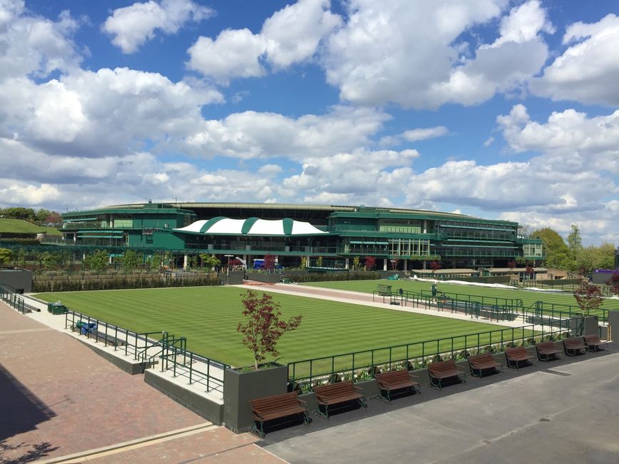 A pristine grass tennis court at Wimbledon with the iconic purple and green branding visible, ready for a match.